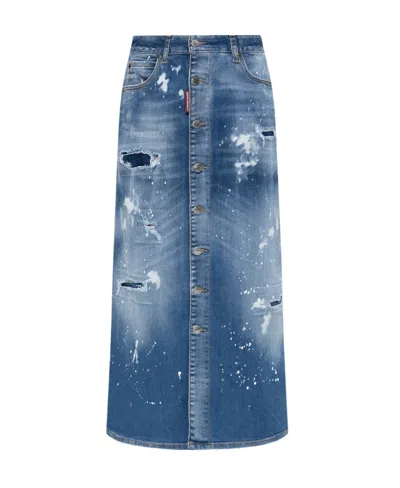 Dsquared2 Distressed-effect Denim Midi Skirt In Blue