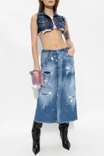 Dsquared2 Distressed-effect Denim Midi Skirt In Blue