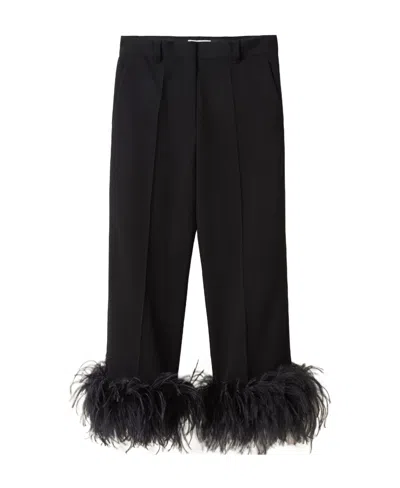 Miu Miu Wool Wide Leg Pants With Feather Trim In Black