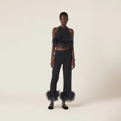 Miu Miu Wool Wide Leg Pants With Feather Trim In Black