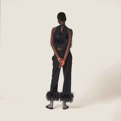 Miu Miu Wool Wide Leg Pants With Feather Trim In Black