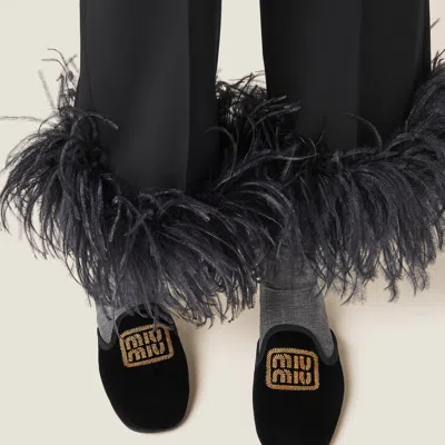 Miu Miu Wool Wide Leg Pants With Feather Trim In Black