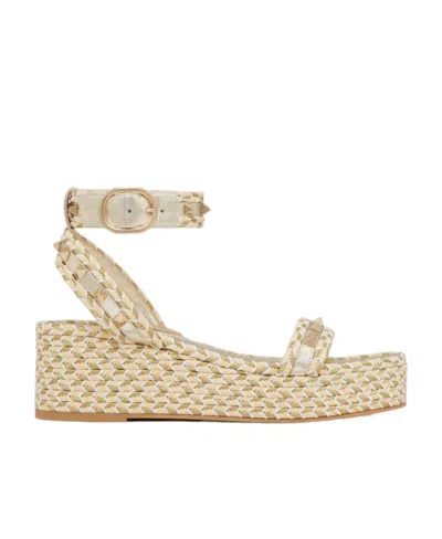 Valentino Garavani Rockstud 45 Rope & Leather Wedge Sandal In Natural/ivory/gold/platinum