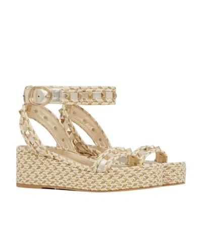 Valentino Garavani Rockstud 45 Rope & Leather Wedge Sandal In Natural/ivory/gold/platinum