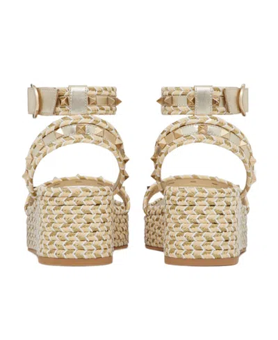 Valentino Garavani Rockstud 45 Rope & Leather Wedge Sandal In Natural/ivory/gold/platinum