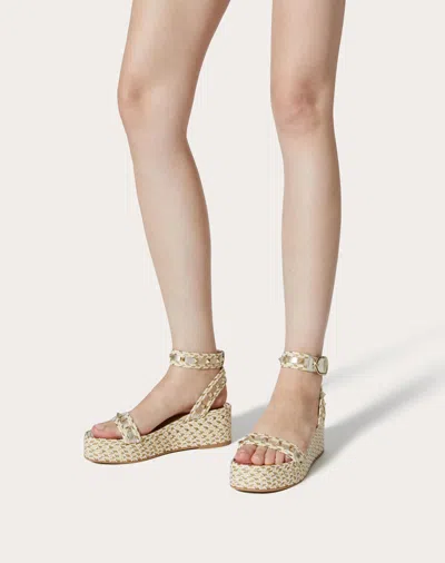 Valentino Garavani Rockstud 45 Rope & Leather Wedge Sandal In Natural/ivory/gold/platinum