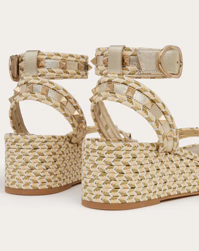 Valentino Garavani Rockstud 45 Rope & Leather Wedge Sandal In Natural/ivory/gold/platinum