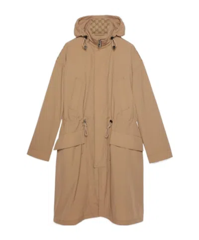Gucci Gg Hooded Coat In Camel