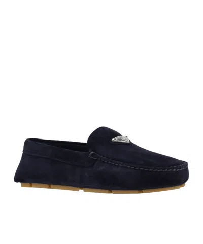 Prada Loafers With Moc Toe And Penny Strap In Blue