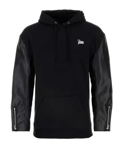 Junya Watanabe Cotton Sweatshirt With Leather Sleeve Panels In Black