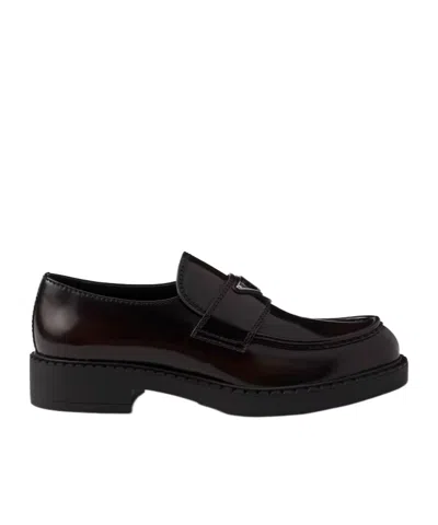 Prada Triangle Logo Chocolate Brushed Leather Loafers In Black