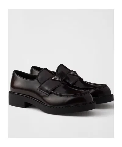Prada Triangle Logo Chocolate Brushed Leather Loafers In Black