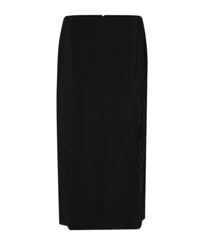 Chloé Soft Twill Midi Skirt With Scalloped Trim In Black