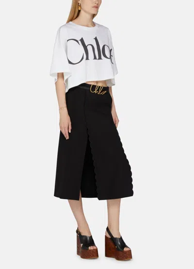Chloé Soft Twill Midi Skirt With Scalloped Trim In Black