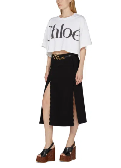 Chloé Soft Twill Midi Skirt With Scalloped Trim In Black
