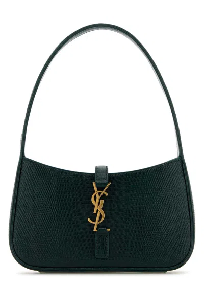 Saint Laurent Mini Structured Reptile Embossed Top Handle Handbag In Dark Green