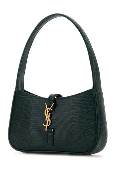 Saint Laurent Mini Structured Reptile Embossed Top Handle Handbag In Dark Green