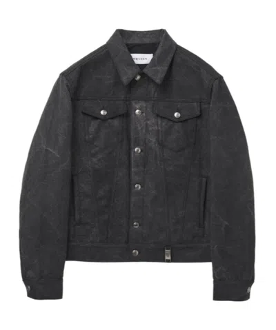 Alexander Mcqueen Single-breasted Denim Coat In Charcoal-grey