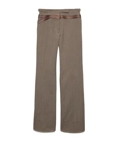 Prada Printed Belt Technical Wool Pants In Muddy Gray