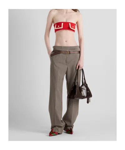 Prada Printed Belt Technical Wool Pants In Muddy Gray