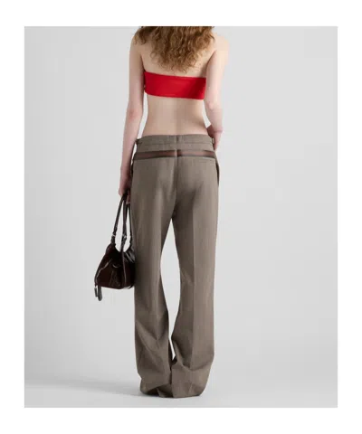 Prada Printed Belt Technical Wool Pants In Muddy Gray