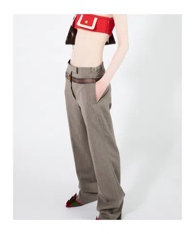 Prada Printed Belt Technical Wool Pants In Muddy Gray