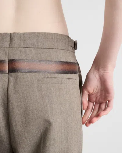 Prada Printed Belt Technical Wool Pants In Muddy Gray