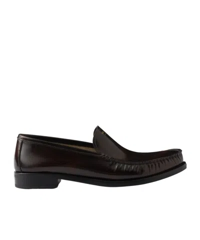 Prada Women's Dark Leather Loafers In Ochre Brown