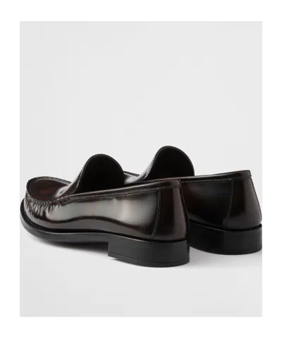 Prada Women's Dark Leather Loafers In Ochre Brown
