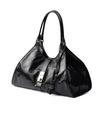 Prada Large Leather Tote Bag In Black