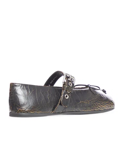 Miu Miu Leather Ballerinas With Bow Detail And Textured Finish In Black