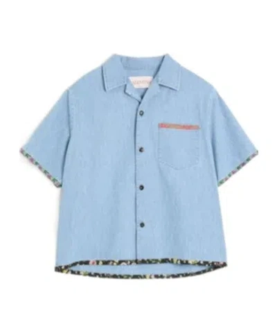 Valentino Garavani Denim Bowling Shirt With Floral Trim In Denim