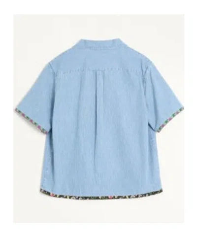 Valentino Garavani Denim Bowling Shirt With Floral Trim In Denim