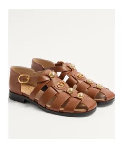 Valentino Garavani Vlogo Signature Calfskin Fisherman Sandal 20mm Woman Tobacco 42 In Brown