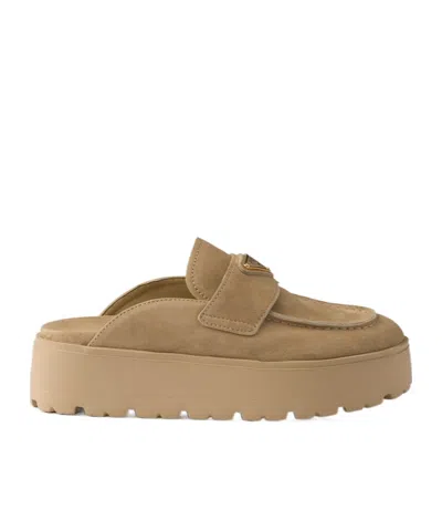 Prada Suede Flatform Mules In True Color