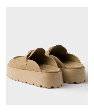 Prada Suede Flatform Mules In True Color