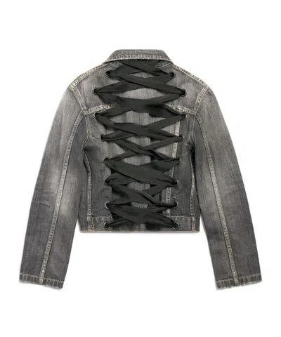 Balenciaga Dark Grey Denim Jacket With Laces Women In Gray
