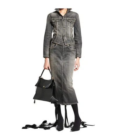 Balenciaga Dark Grey Denim Jacket With Laces Women In Gray