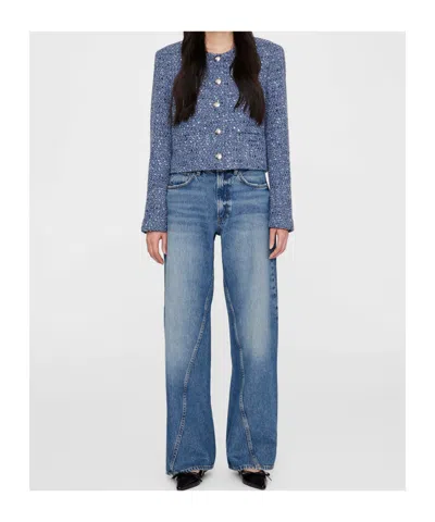 Anine Bing Max Mara Tina Short Water-repellent Cotton Twill Trench Coat In Blue Tweed