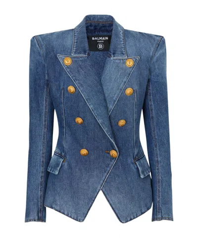 Balmain Long-sleeved Denim Coat In Blue
