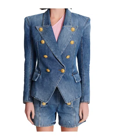 Balmain Long-sleeved Denim Coat In Blue