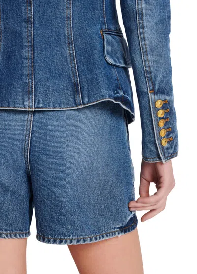 Balmain Long-sleeved Denim Coat In Blue