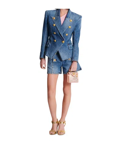 Balmain Long-sleeved Denim Coat In Blue