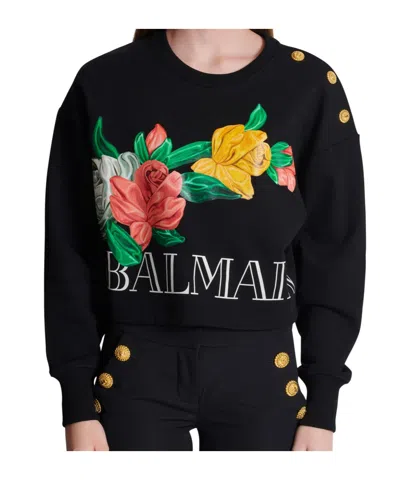 Balmain Rose-print Cropped Cotton Sweatshirt In Black