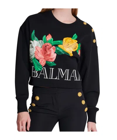 Balmain Rose-print Cropped Cotton Sweatshirt In Black