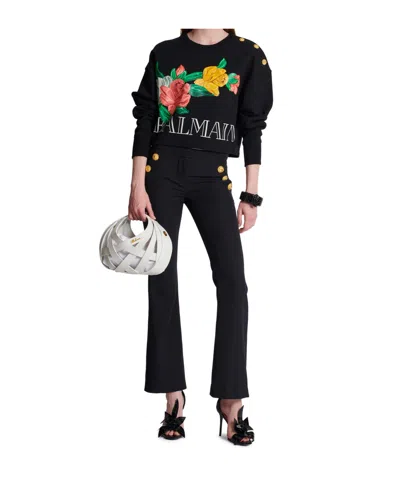 Balmain Rose-print Cropped Cotton Sweatshirt In Black