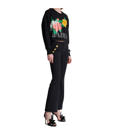 Balmain Rose-print Cropped Cotton Sweatshirt In Black