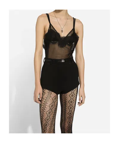Dolce & Gabbana Lace Trim Stretch Tank Top Open Back In Black