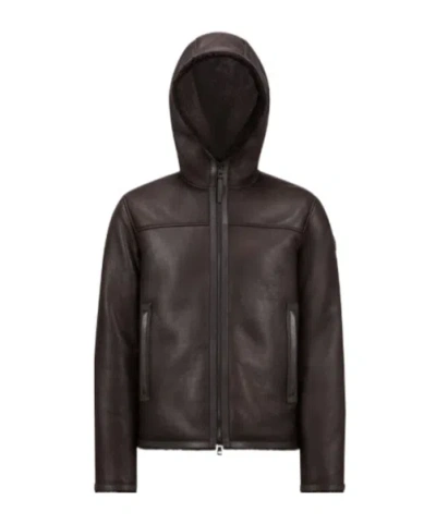 Moncler Charnassere Nappa Leather Shearling Short Down Jacket Brown In Dark Brown
