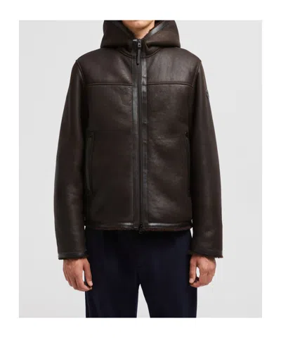 Moncler Charnassere Nappa Leather Shearling Short Down Jacket Brown In Dark Brown